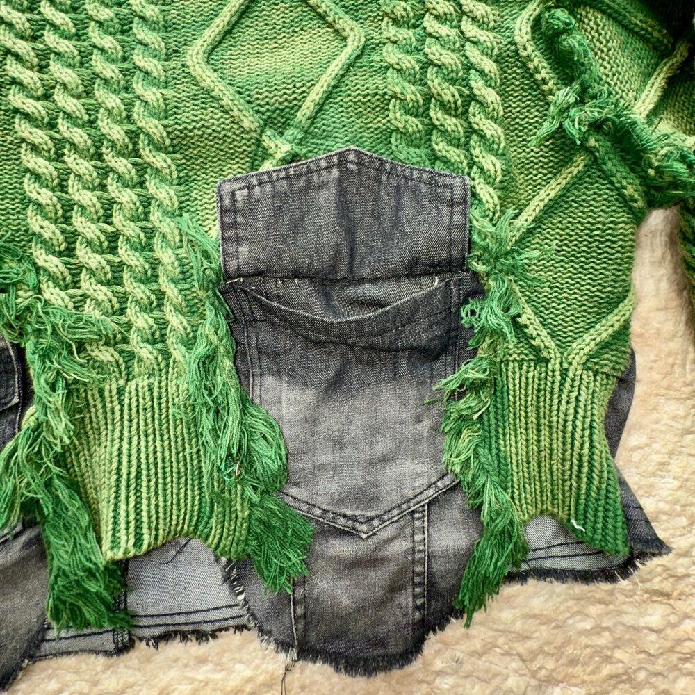 Upcycled Green Knit & Denim Destroyed Sweater – Statement Piece NWT - Picture 7 of 16
